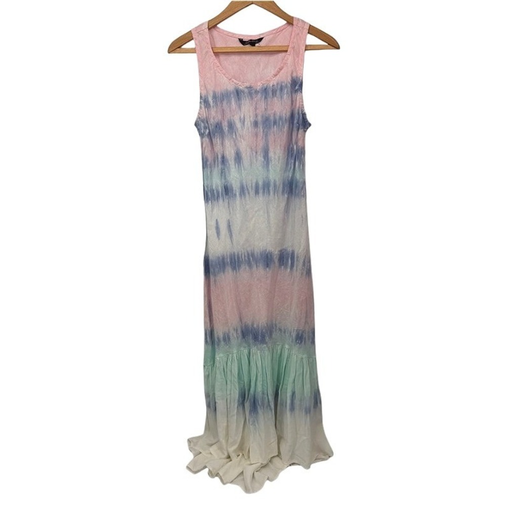 Charlie B Tie Dye Maxi Dress Sleeveless Ruffle Hem Boho Pastel Linen Size PS